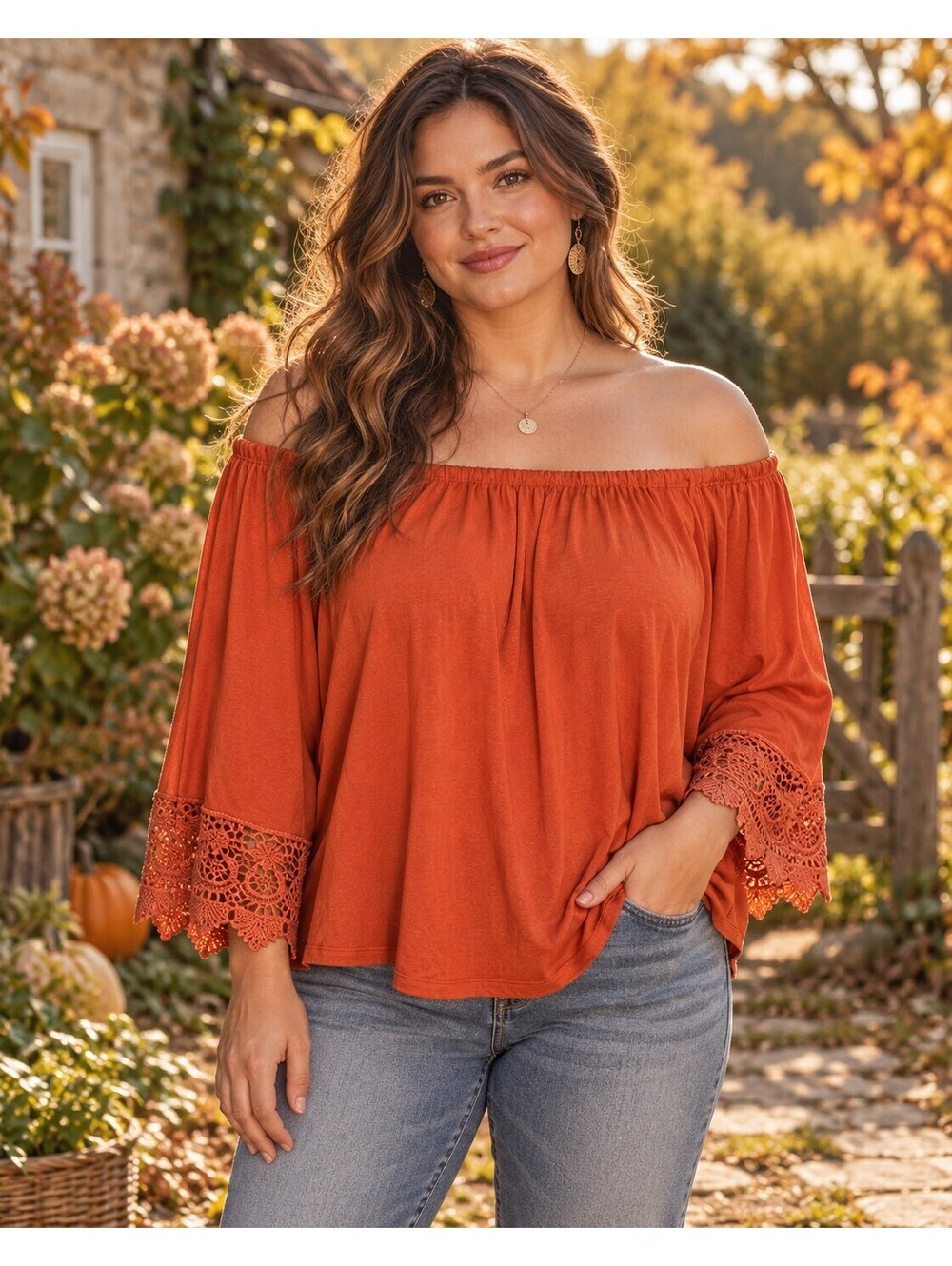 Haute Mode Off Shoulder Crochet Lace Top Womens L Rust Boho Festival Cottage